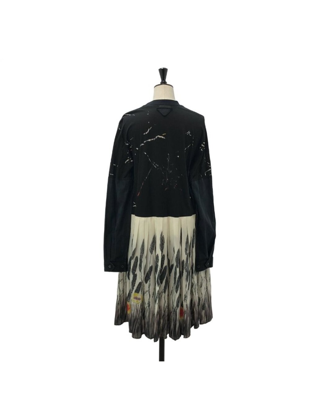 Prada Triangle Logo Patch Leaf Print Contrast Dress Black XS - Picture 4 of 8